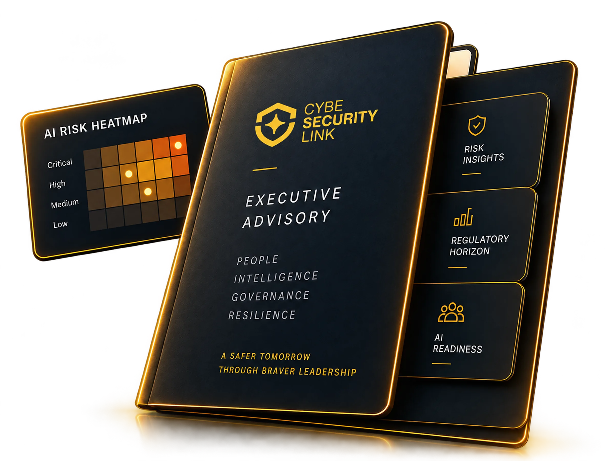Cybersecurity Link executive advisory suite with AI risk heatmap, risk insights, regulatory horizon and AI readiness